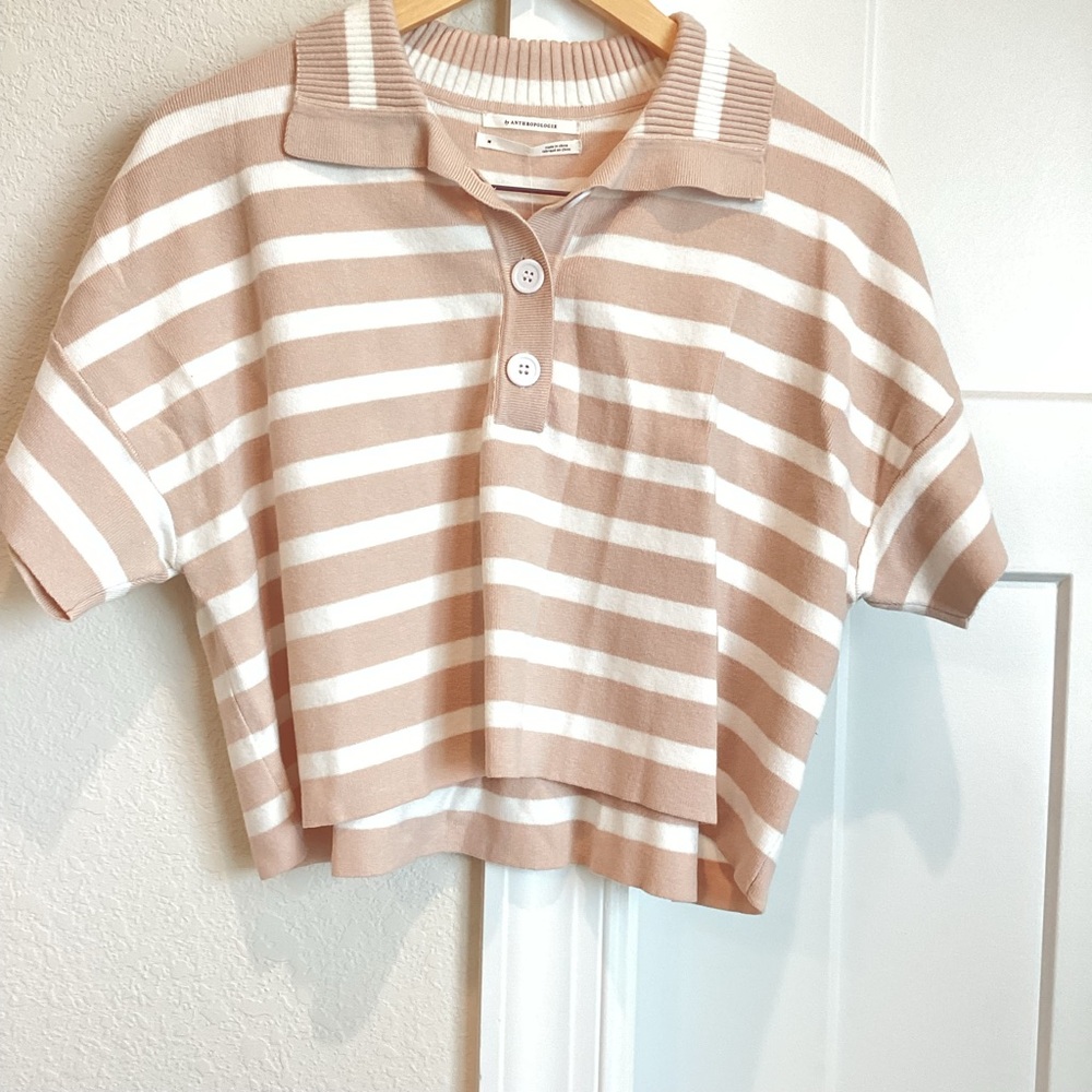 Anthropologie Collared Short Sleeve Sweater Tee Striped Tan White Medium NEW - Picture 4 of 12
